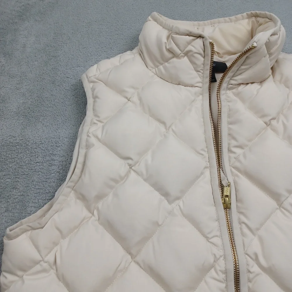 J Crew Vest Womens Large Beige Quilted Pockets Full Zip Casual Preppy